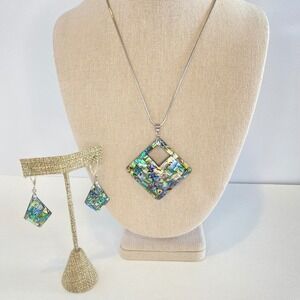Abalone Shell Mosiac Artisan Pendant Necklace Earrings Set Women 18KGP Coastal